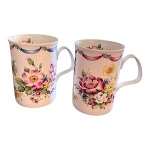 Vintage Set Roy Kirkham “Dresden Sprays” Bone China Mugs Floral Made in England